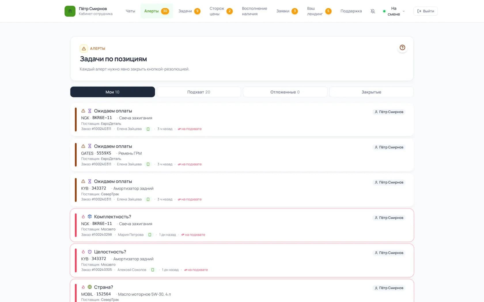 Алерты по позициям заказов